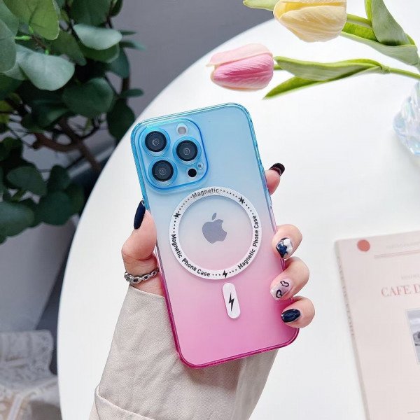 Wholesale Transparent Slim Rainbow Gradient Magnetic Magsafe Circle TPU Cover Case With Camera Lens Cover for Apple iPhone 14 [6.1] (Blue/Pink)