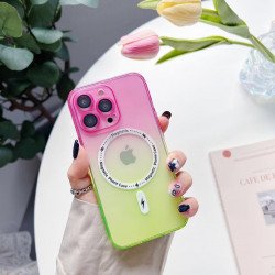 Transparent Slim Rainbow Gradient Magnetic Magsafe Circle TPU Cover Case With Camera Lens Cover for iPhone 14 [6.1] (Pink/Green)
