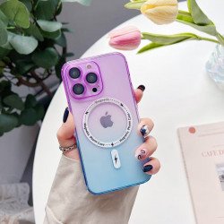 Transparent Slim Rainbow Gradient Magnetic Magsafe Circle TPU Cover Case With Camera Lens Cover for iPhone 14 [6.1] (Purple/Blue)