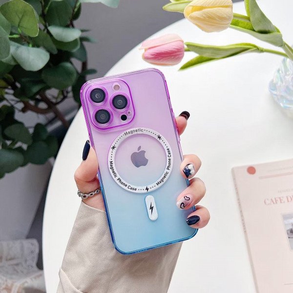 Wholesale Transparent Slim Rainbow Gradient Magnetic Magsafe Circle TPU Cover Case With Camera Lens Cover for iPhone 14 Pro [6.1] (Purple/Blue)