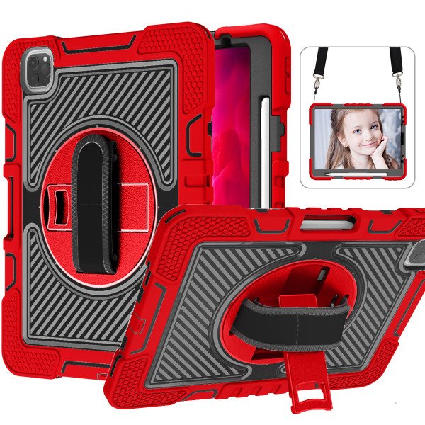 Wholesale 3 Layer Heavy Duty Hybrid Drop Protection Case with 360 Rotating Stand Hand Strap Shoulder Strap Stylus Pencil Holder for Apple iPad Air 4 10.9 (2020), iPad Pro 11 (2022 / 2021 / 2020) (Red)