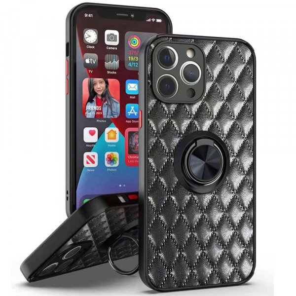 Wholesale Slim Quilted PU Leather Luxury Shockproof 360 Ring Stand Protective Cover Phone Case for Apple iPhone 13 Pro Max (Black)