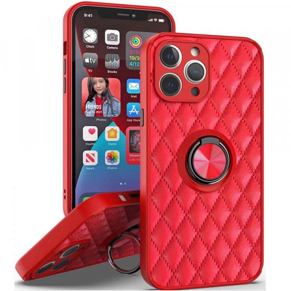 Wholesale Slim Quilted PU Leather Luxury Shockproof 360 Ring Stand Protective Cover Phone Case for Apple iPhone 13 Pro Max (Red)