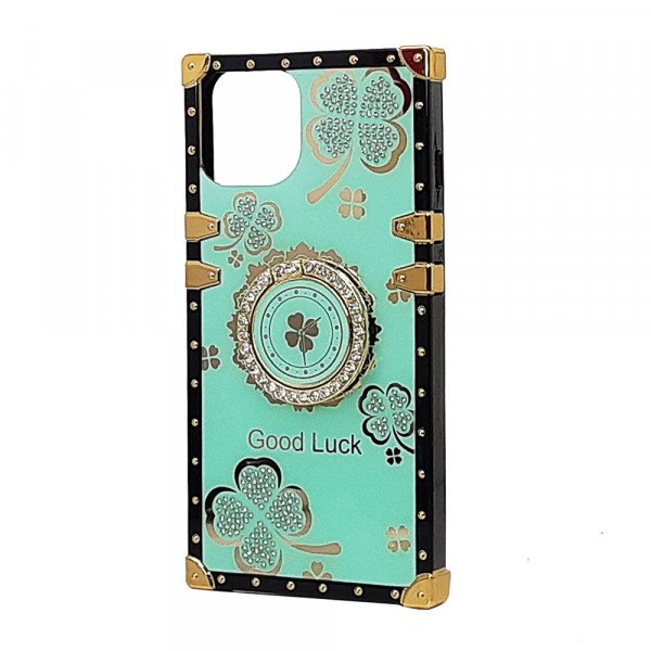 Wholesale Heavy Duty Floral Clover Diamond Ring Stand Grip Hybrid Case Cover for Apple iPhone 11 Pro Max (Turquoise)