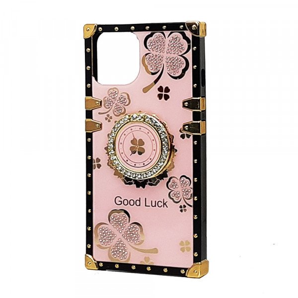 Wholesale Heavy Duty Floral Clover Diamond Ring Stand Grip Hybrid Case Cover for Apple iPhone 12 / iPhone 12 Pro 6.1 (Hot Pink)