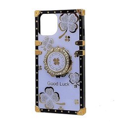 Heavy Duty Floral Clover Diamond Ring Stand Grip Hybrid Case Cover for Apple iPhone 11 Pro Max (Purple)