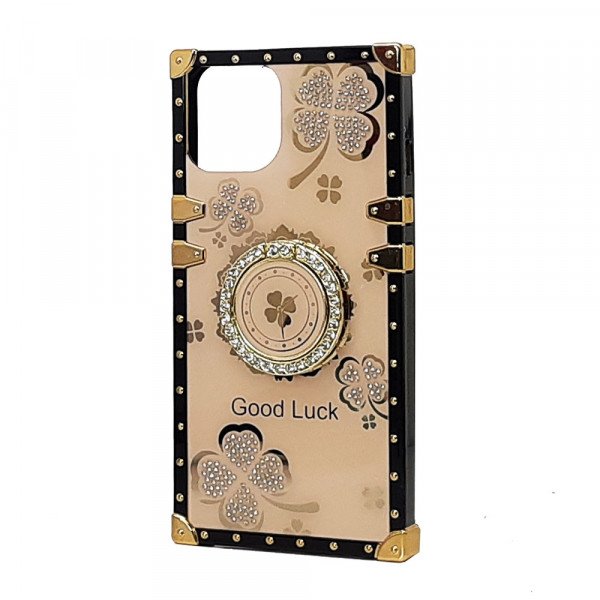 Wholesale Heavy Duty Floral Clover Diamond Ring Stand Grip Hybrid Case Cover for Apple iPhone 12 Pro Max (Rose Gold)