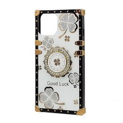 Heavy Duty Floral Clover Diamond Ring Stand Grip Hybrid Case Cover for Apple iPhone 12 / iPhone 12 Pro 6.1 (White)