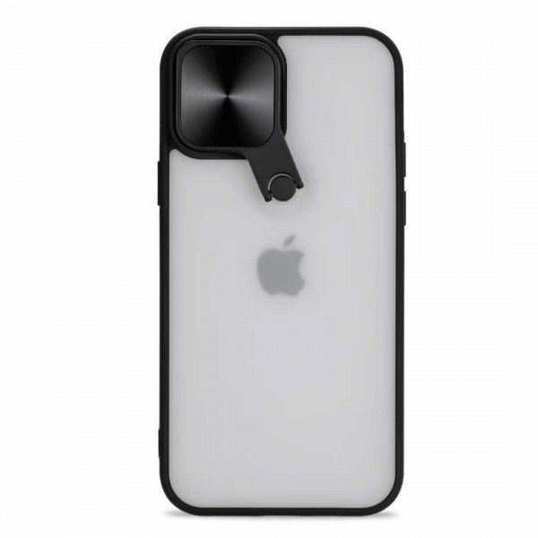 Wholesale Selfie Camera Lens Protection Case with Stand and Built-In Mirror for Apple iPhone 13 (6.1) (Black)