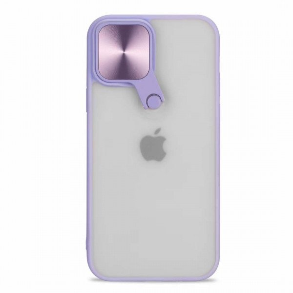 Wholesale Selfie Camera Lens Protection Case with Stand and Built-In Mirror for Apple iPhone 13 ProMax 6.7 (Purple)