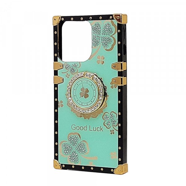 Wholesale Heavy Duty Floral Clover Diamond Ring Stand Grip Hybrid Case Cover for Apple iPhone 13 [6.1] (Turquoise)