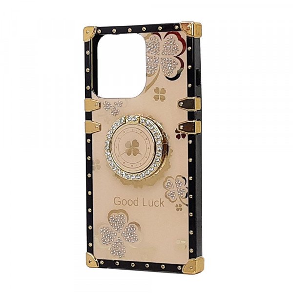 Wholesale Heavy Duty Floral Clover Diamond Ring Stand Grip Hybrid Case Cover for Apple iPhone 13 [6.1] (Rose Gold)