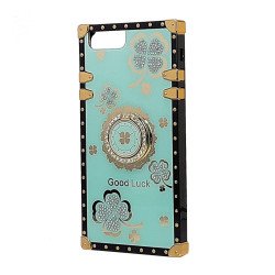 Heavy Duty Floral Clover Diamond Ring Stand Grip Hybrid Case Cover for Apple iPhone 8 / 7, iPhone SE (2020/2022) (Turquoise)