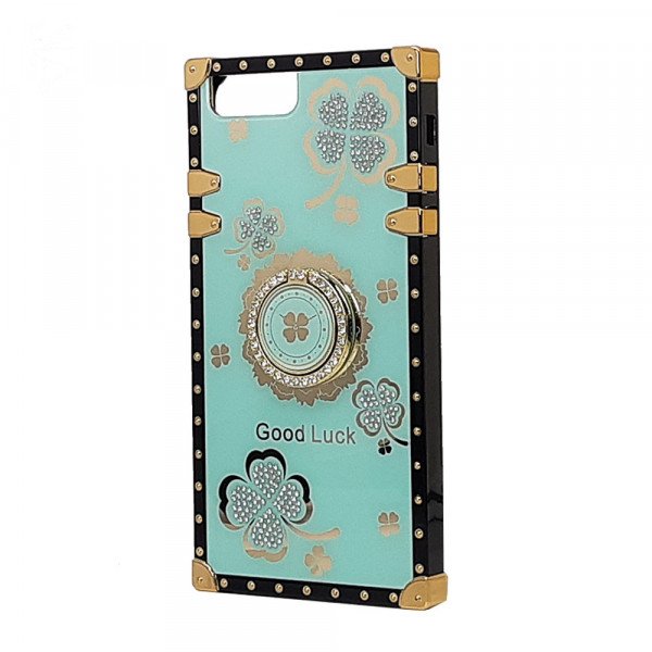 Wholesale Heavy Duty Floral Clover Diamond Ring Stand Grip Hybrid Case Cover for Apple iPhone 8 Plus / 7 Plus (Turquoise)