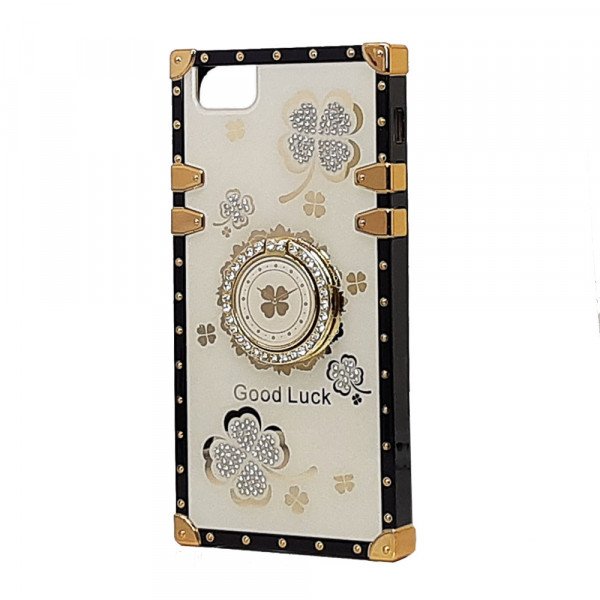 Wholesale Heavy Duty Floral Clover Diamond Ring Stand Grip Hybrid Case Cover for Apple iPhone 8 Plus / 7 Plus (White)
