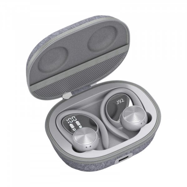 Wholesale Ear Hook Battery Display TWS Gaming Bluetooth Wireless Headphone Earbuds Headset With Zipper Carrying Case for Universal Cell Phone And Bluetooth Device J92 (Gray)