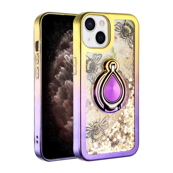 Wholesale Star Dust Liquid Armor Ring Stand Hybrid Case for Apple iPhone 13 [6.1] (Gold / Purple)