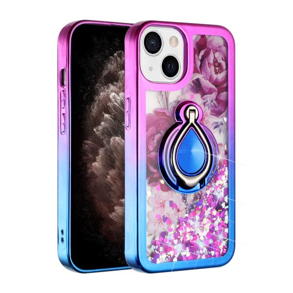 Wholesale Star Dust Liquid Armor Ring Stand Hybrid Case for Apple iPhone 13 [6.1] (Hot Pink / Blue)