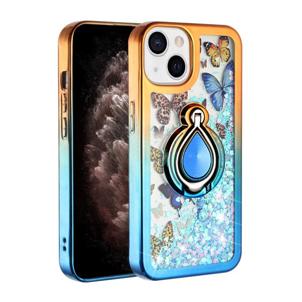 Wholesale Star Dust Liquid Armor Ring Stand Hybrid Case for Apple iPhone 13 [6.1] (Orange / Blue)
