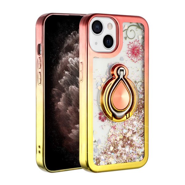 Wholesale Star Dust Liquid Armor Ring Stand Hybrid Case for Apple iPhone 13 [6.1] (Rose Gold / Gold)
