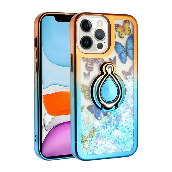 Wholesale Star Dust Liquid Armor Ring Stand Hybrid Case for Apple iPhone 13 Pro Max [6.7] (Orange / Blue)