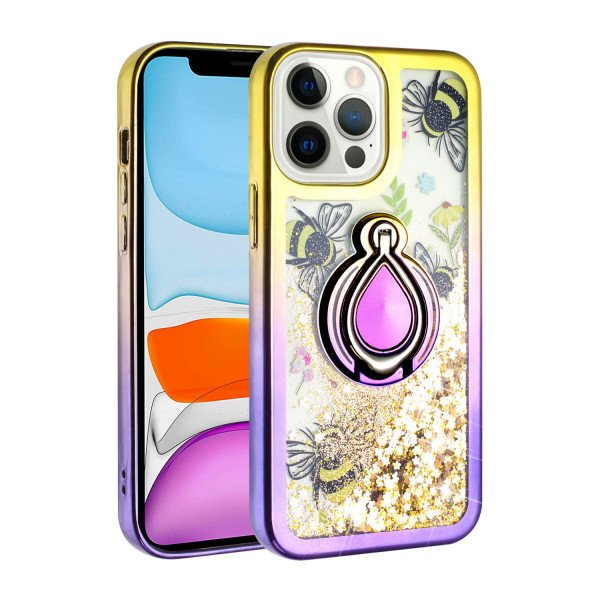 Wholesale Star Dust Liquid Armor Ring Stand Hybrid Case for Apple iPhone 13 Pro Max [6.7] (Gold / Purple)