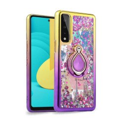 Liquid Star Dust Glitter Dual Color Hybrid Protective Armor Ring Case Cover for Samsung Galaxy A52 5G (Gold/Purple)