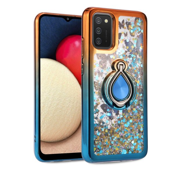 Wholesale Liquid Star Dust Glitter Dual Color Hybrid Protective Armor Ring Case Cover for Samsung Galaxy A13 4G (Orange/Blue)