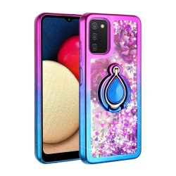 Liquid Star Dust Glitter Dual Color Hybrid Protective Armor Ring Case Cover for Samsung Galaxy A02s (Pink/Blue)