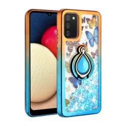 Liquid Star Dust Glitter Dual Color Hybrid Protective Armor Ring Case Cover for Samsung Galaxy A02s (Orange/Blue)