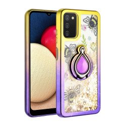 Liquid Star Dust Glitter Dual Color Hybrid Protective Armor Ring Case Cover for Samsung Galaxy A02s (Gold/Purple)