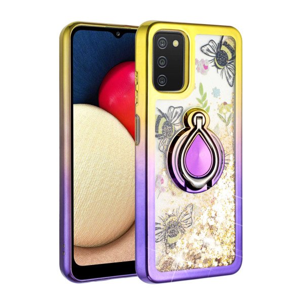 Wholesale Liquid Star Dust Glitter Dual Color Hybrid Protective Armor Ring Case Cover for Samsung Galaxy A02s (Gold/Purple)