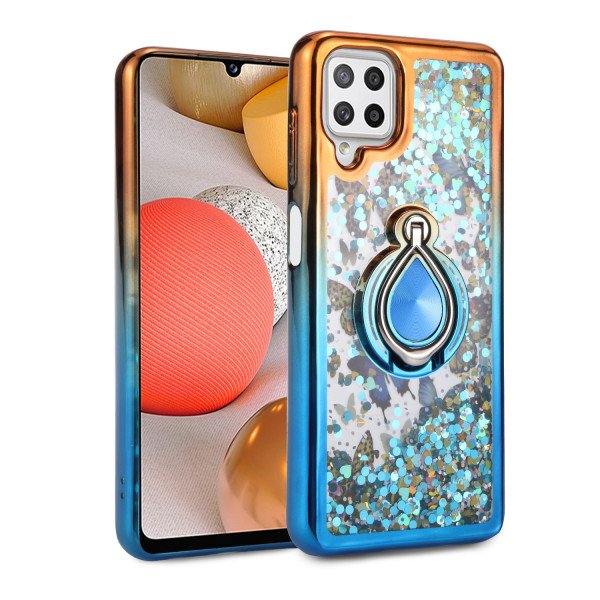 Wholesale Liquid Star Dust Glitter Dual Color Hybrid Protective Armor Ring Case Cover for Samsung Galaxy A22 4G (Orange/Blue)