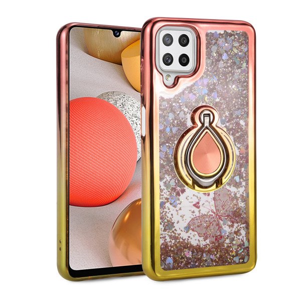 Wholesale Liquid Star Dust Glitter Dual Color Hybrid Protective Armor Ring Case Cover for Samsung Galaxy A22 4G (RoseGold/Gold)