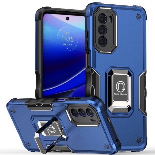 Wholesale Heavy Duty Strong Shockproof Magnetic Plate Ring Stand Hybrid Grip Case Cover for Motorola Edge 2022 (Blue)