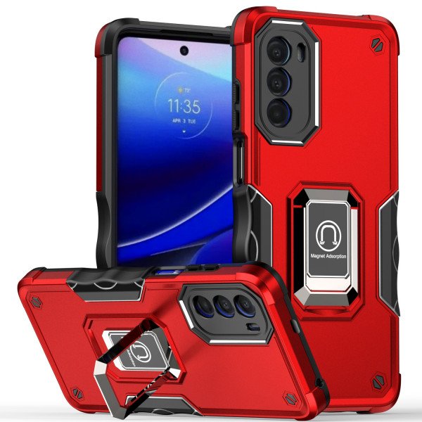 Wholesale Heavy Duty Strong Shockproof Magnetic Plate Ring Stand Hybrid Grip Case Cover for Motorola Edge 2022 (Red)