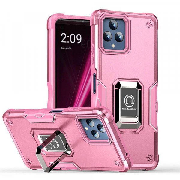 Wholesale Heavy Duty Strong Shockproof Magnetic Plate Ring Stand Hybrid Grip Case Cover for T-Mobile Revvl 6 5G (Pink)
