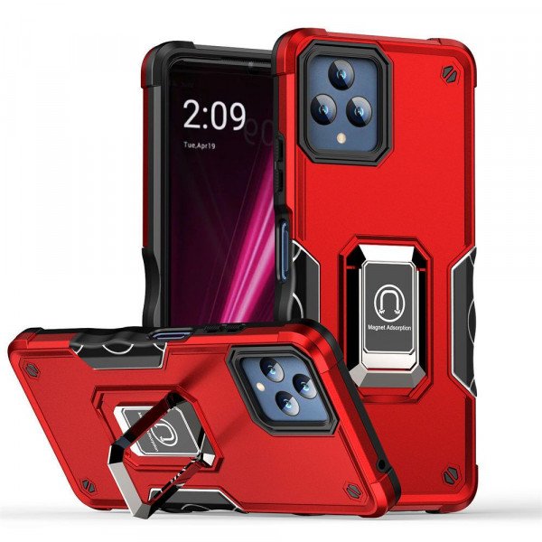 Wholesale Heavy Duty Strong Shockproof Magnetic Plate Ring Stand Hybrid Grip Case Cover for T-Mobile Revvl 6 5G (Red)