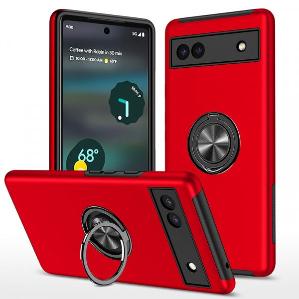 Wholesale Dual Layer Armor Hybrid Stand Ring Case for Google Pixel 6a (Red)