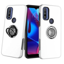 Dual Layer Armor Hybrid Stand Ring Case for Motorola Moto G Play 2023 / Moto G Power 2022 / Moto G Pure (White)
