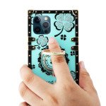 Wholesale Heavy Duty Floral Clover Diamond Ring Stand Grip Hybrid Case Cover for Apple iPhone 11 [6.1] (Turquoise)