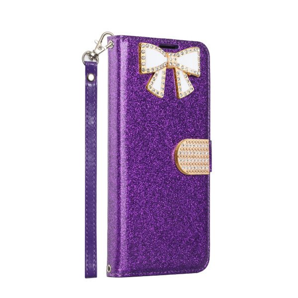 Wholesale Ribbon Bow Crystal Diamond Wallet Case for Samsung Galaxy Note 9 (Purple)