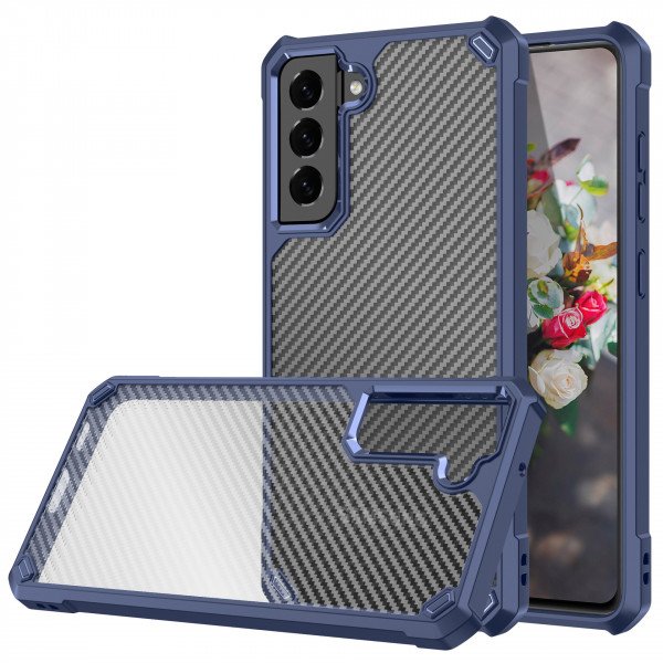 Wholesale Super Armor Carbon Fiber Design Hybrid Case for Samsung Galaxy S21 FE [2021] (Blue)