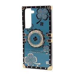 Heavy Duty Floral Clover Diamond Ring Stand Grip Hybrid Case Cover for Samsung Galaxy S23 5G (Navy Blue)