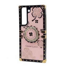 Heavy Duty Floral Clover Diamond Ring Stand Grip Hybrid Case Cover for Samsung Galaxy S23 5G (Hot Pink)