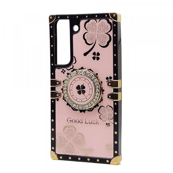 Wholesale Heavy Duty Floral Clover Diamond Ring Stand Grip Hybrid Case Cover for Samsung Galaxy S23 Plus 5G (Hot Pink)