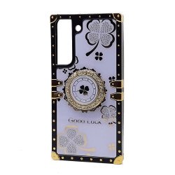 Heavy Duty Floral Clover Diamond Ring Stand Grip Hybrid Case Cover for Samsung Galaxy S23 5G (Purple)
