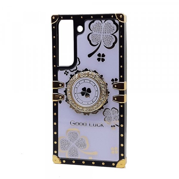 Wholesale Heavy Duty Floral Clover Diamond Ring Stand Grip Hybrid Case Cover for Samsung Galaxy S23 Plus 5G (Purple)