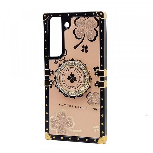 Wholesale Heavy Duty Floral Clover Diamond Ring Stand Grip Hybrid Case Cover for Samsung Galaxy S23 5G (Rose Gold)