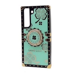 Heavy Duty Floral Clover Diamond Ring Stand Grip Hybrid Case Cover for Samsung Galaxy S23 5G (Green)